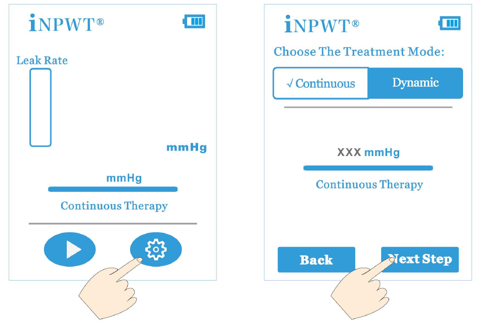 iNPWT settings and continuous or dynamic mode selection screens